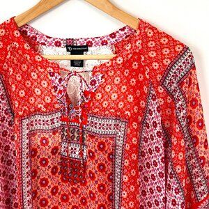 New Directions Red Peasant Top Lace Back Multi-Color 3/4 Sleeve Women's - Size S